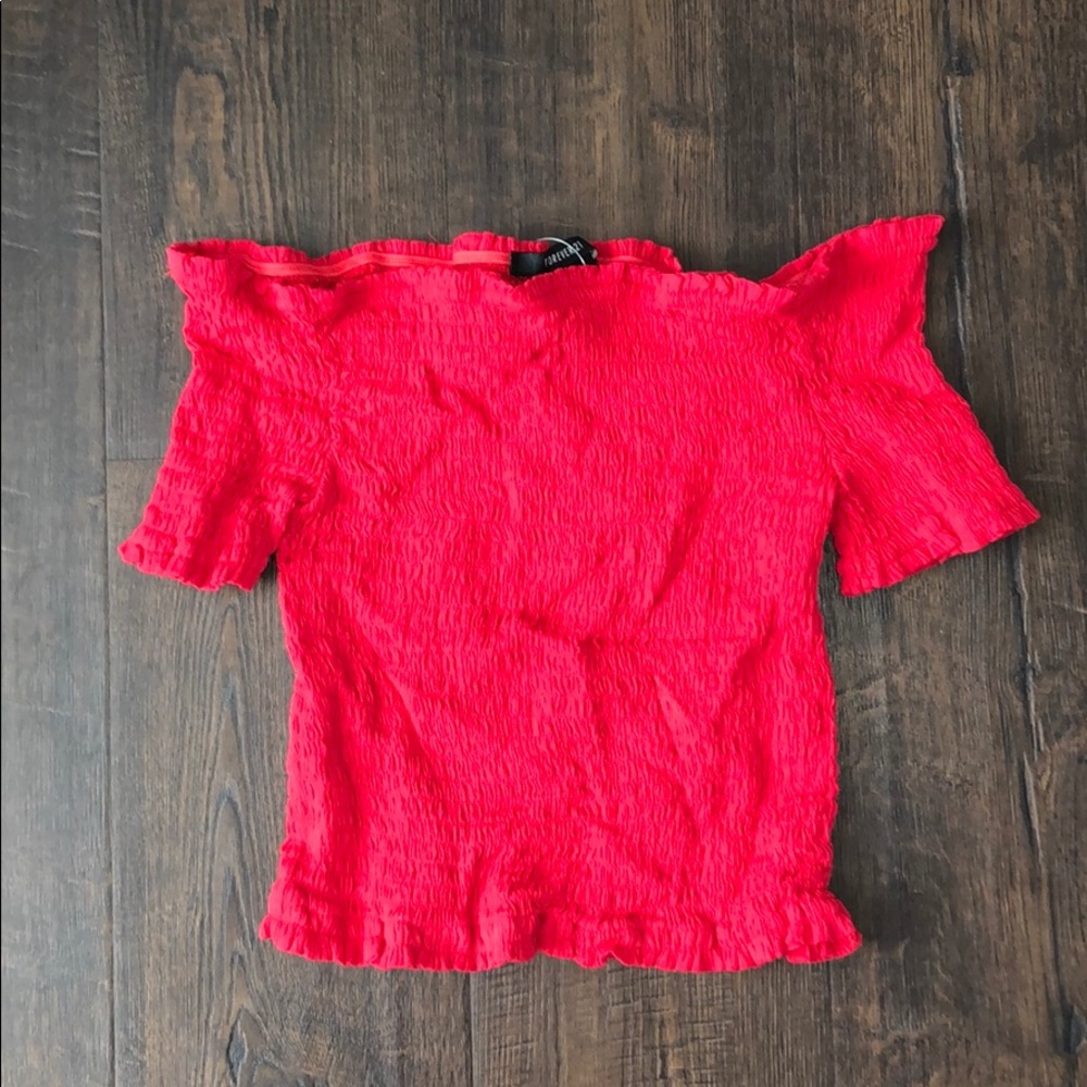 Forever 21 Red Woven/Scrunch Off Shoulder Top
